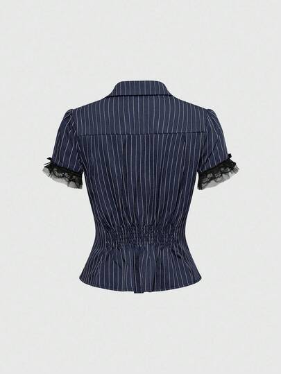 Grunge Punk Women's Striped Fitted Waist Lace Patchwork Short Sleeve Blouse