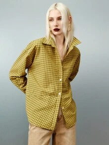 Airlisse Women's Plaid Button-Up Long Sleeve Shirt With Collar - Yellow - View 3