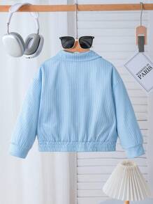 年轻女孩时尚条纹领夹克刺绣设计，适合日常休闲穿着 - 藍色 - 查看 2