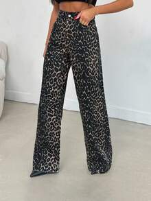 EURMUSE 100% Cotton MID RISE WIDEEG CUT LEOPARD PETITE JEAN - Multicolor - View 4