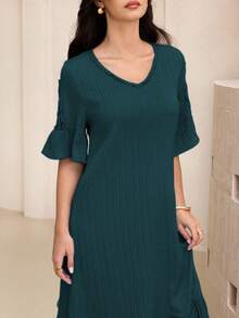 Lacomfia 2025年夏季新款女士V领褶皱A字连衣裙 - 水鴨藍 - 查看 4