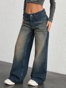 CasuGlow 女士宽腿低腰牛仔裤 Y2K 街头风格 - 深色水洗藍 - 查看 3