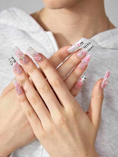 Kawaii 10pcs Pink Handpainted High-Quality False Nails + 3pcs Double-Sided Adhesive, Removable & Reusable Long Coffin Shaped Fake Nails, Hot Girl Style Contrast Color Rhinestone Decorated Nail Stickers, Suitable For Festivals, Parties, Dancing And Daily Wear