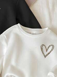 SHEIN Happikins 三件套女童休闲简约爱心图案加厚保暖长袖连帽衫，适合秋冬季节穿着 - 彩色 - 查看 5