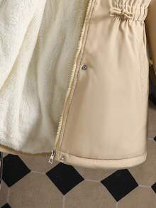 SHEIN Fashionable Mid-Length Hooded Cinched Waist Thermal Lined Padded Coat For Tween Girls Loose Fit, Comfortable For Daily Wear, Commuting, Outings And Photo Shoots Fall Winter - Khaki - View 5