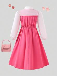 Robe chemise casual et stylée 2 en 1 à manches longues avec col, patchwork. Convient pour le retour à l'école au printemps/automne, élégante et charmante pour le quotidien, les vacances, les séances photo - Rose bonbon - Voir 2