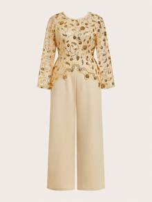 Ellevyn Plus Size Women's Elegant Long Sleeve Sequin Jumpsuit,Beige Autumn Wedding Festival Outfits,Night Out Concert Playsuit For Parties And Events - Apricot - View 8