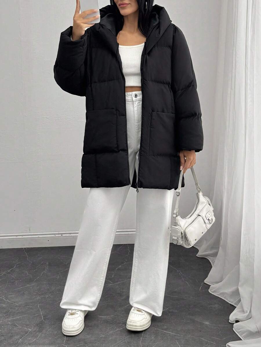 EURMUSE Petite Petit manteau matelassé zippé unicolore - Chaleur minimaliste noire - Noir - Voir 1