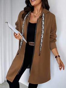 EMERY ROSE Áo khoác trùm đầu thường ngày có khóa kéo, băng chữ cỡ lớn dành cho nữ, có lớp lót giữ nhiệt, thích hợp cho mùa đông thu - Màu nâu Sô-cô-la - Xem 4