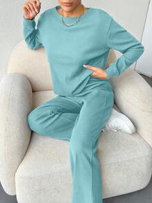 EURMUSE Cotton Women Solid Color Ribbed Tee & Pants - Mint Green - View 3