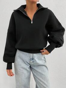 SHEIN Tall 100% Cotton Collar With Zipper Pattern Oversize Sweatshirt - Black - View 3
