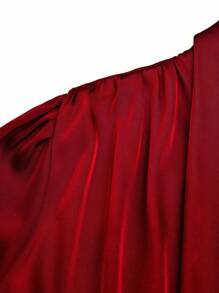 Auvina Váy nữ cỡ lớn tay bồng, cổ chữ V, thắt eo, dáng chữ A, viền loe thanh lịch - Màu Đỏ Sâu - Xem 3