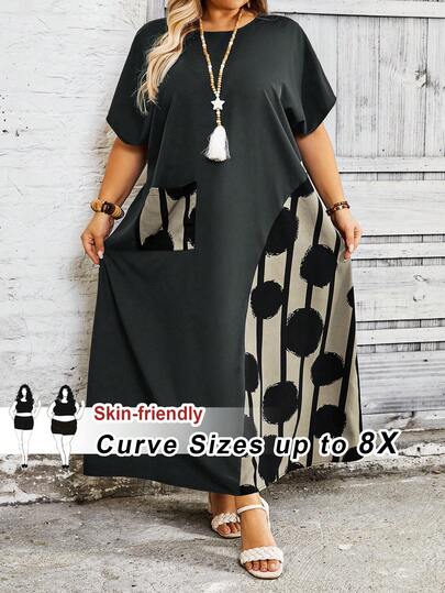 SHEIN CURVE+ 大码女式度假休闲拼色印花拼接连衣裙
