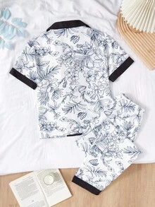 Set de pijama casual de 2 piezas con top de bloques de color y pantalones de corte relajado con estampado floral completo para niñas, primavera/verano