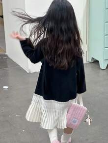 DAZY Young Girls Round Neck Bow Print Color Block Pleated Patchwork Korean Style Mid-Length Dress Fall/Winter - Black - View 2