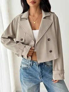 SHEIN PETITE 女款卡其色純色雙排扣短版夾克外套 秋季/教師節 辦公商務 經典優雅休閒 - 杏色 - 查看 9