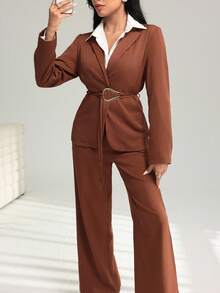 Modelyn U-Shaped Metal Ring Collar Women's Mottled Long Sleeve Jacket And Pants Suit Set Fall Cloth For Women