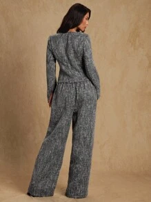 Glamine Women's Elegant Tweed Gray Long Sleeve Shirt + Elegant Wide Leg Gray Pants 2 Pieces Set, Suitable For Office, Daily Wear, Autumn/Winter Fall Cloth For Women - Grey - View 2