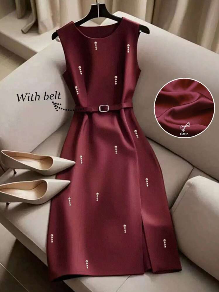 Franclia 女士优雅通勤派对圆领闪亮缎面串珠开衩下摆无袖连衣裙 - 酒紅色 - 查看 1