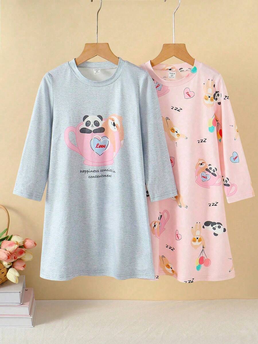 女童休闲熊猫与树懒印花圆领长袖长睡袍、家居服 - 彩色 - 查看 1
