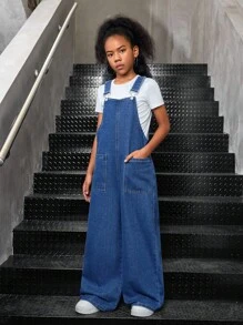 SHEIN Tween Girls Casual Solid Washed Loose Sleeveless Strappy Wide Leg Denim Jumpsuit Overalls Straight Leg Pants Without Tee,Girls Back To School Homecoming Outfits,Solid Color Elegant & Simple & Versatile Flare Pants, Fall Autumn Winter Clothes Outfits,Kids Back To School Streetwear Outfits,Comfortable And Versatile, For 8-12 Years Old Girls, Suitable For School, Home And Travel, Wide Leg Denim Overalls, Teen Wide Leg Overalls Denim, Teen Girl Overalls, Jean Overalls
