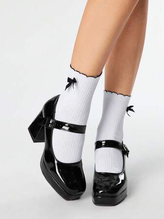 Kawaii Scarpe da donna con tacco alto nero, punta chiusa, con cinturino alla Mary Jane, con plateau, design con fiocco stile Gotico Lolita, stile dolce JK per signore