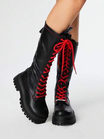 Goth Women's Knee-High Boots Fashionable Lace-Up Thick-Soled Chunky Heel Women's Boots