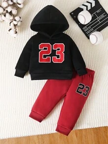 SHEIN Playful Pals Baby Boy Numeric Print Hoodie And Pants Set, Suitable For Infant Boys To Wear In Autumn, Spring And Winter Fall - Red - View 2