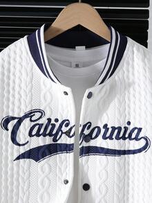 Chaqueta universitaria con textura y patrón de letras para adolescentes, adecuada para estilo casual y universitario en otoño e invierno - Blanco - Ver 4