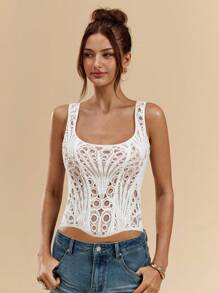 SHEIN BAE Top corto da donna in colore unito, in pizzo idrosolubile, adatto per le vacanze estive - Bianco - Visualizzare 3