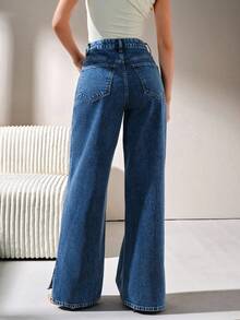 CLARA VERO 高腰开衩直筒牛仔裤 - 深色水洗藍 - 查看 3