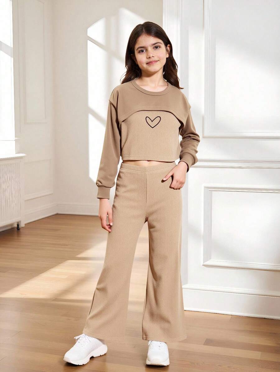 Girls Heart Print Cami Top & High Low Hem Top & Wide Leg Trousers Set - Khaki - View 1