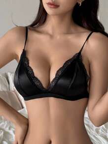 DAZY Black Contrast Lace Adjustable Straps Racerback Bra For Women - Black - View 7