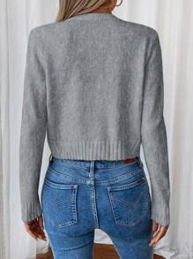 EMERY ROSE 女士休闲薄款针织单排扣长袖开衫，秋季 - 灰色 - 查看 2