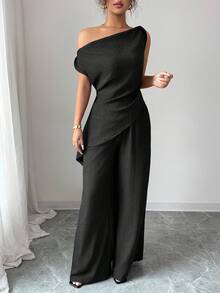 Elenzga 夏季新款韩版女装两件套，适合旅行和摄影，优雅深蓝色不对称肩上衣+高腰休闲裤 - 黑色 - 查看 4