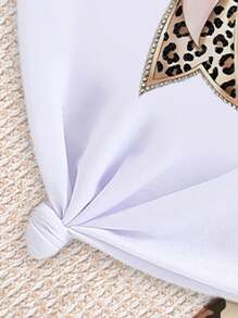 SHEIN 女宝宝休闲时尚创意水钻豹纹蝴蝶结印花基本款短袖T恤和豹纹打底裤套装 - 彩色 - 查看 5