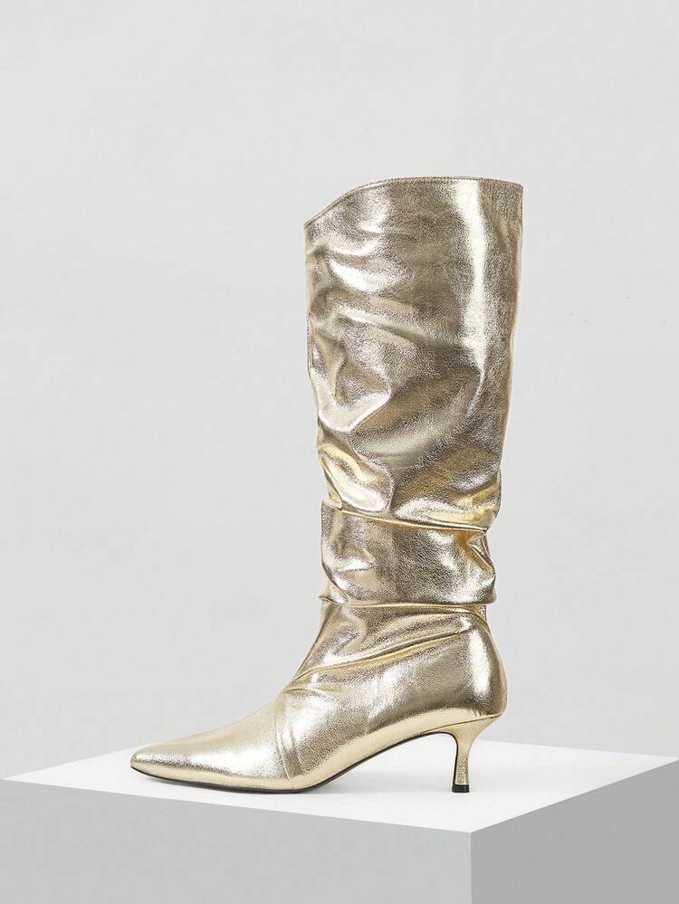 2026 NEW POINTED TOE RUCHED KNEE-HIGH BOOTS, SLIM HEEL WIDE CALF WOMEN BOOTS