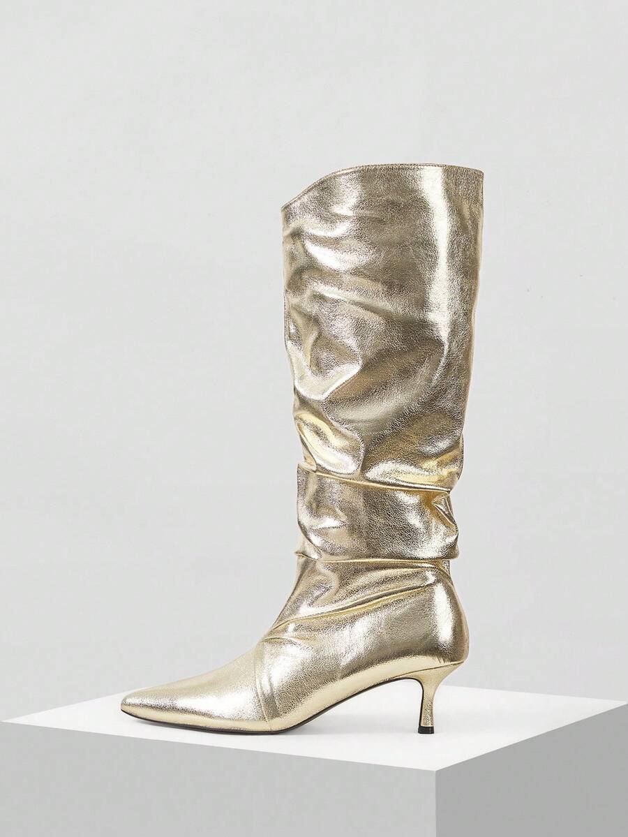 MOTF Mẫu bốt cao đến đầu gối mũi nhọn xếp ly mới năm 2026, gót mảnh, ống rộng dành cho nữ. - Vàng - Xem 2