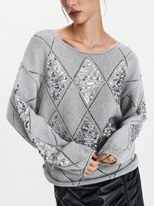 SHEIN LUNE Rhombus Sequin Embroidery Loose Pullover Sweater, Autumn/Winter Fall Cloth For Women - Grey - View 4