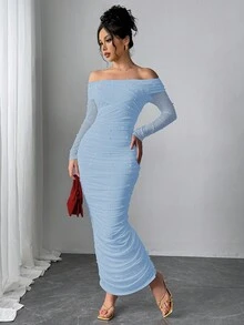 Firerie 女士优雅白色露肩珍珠装饰荷叶边修身浪漫派对约会长裙，情人节 - 淺藍色 - 查看 6