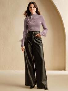 Anewsta Áo len dệt kim dài tay cổ lọ đính hạt màu tím dành cho nữ, thanh lịch cho mùa thu/đông, Giáng sinh và năm mới - Bụi hồng - Xem 5