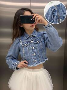 Elladie kids 青少年女孩牛仔夹克和外套，剪裁合身，时尚羊腿袖设计，做旧牛仔蓝水洗，适合青少年女孩的休闲学院风牛仔夹克 - 中等水洗藍 - 查看 1