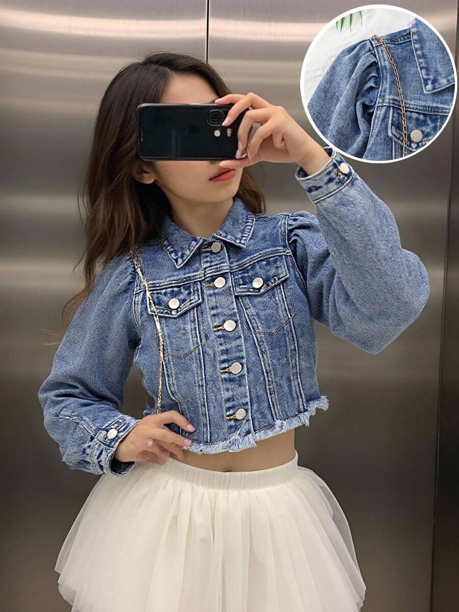 Elladie kids 青少年女孩牛仔夹克和外套，剪裁合身，时尚羊腿袖设计，做旧牛仔蓝水洗，适合青少年女孩的休闲学院风牛仔夹克 - 中等水洗藍 - 查看 1