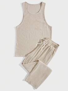 Manfinity Homme Men Solid Tank Top & Pants, Men's Muscle Outfit Set, Men 2 Pieces Set Plus Size Tank, Men Sleeveless Outfits