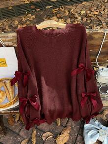Firerie 大码宽松针织毛衣，镂空蝴蝶结装饰，大码可爱秋季套头衫，米色秋季毛衣，酒红色毛衣，女士红色毛衣，蝴蝶结套头毛衣/冬季 - 酒紅色 - 查看 4