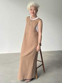 FRIFUL Vestido sin mangas con cremallera y decoración de unicolor caqui para mujer, otoño - Caqui - Ver 4