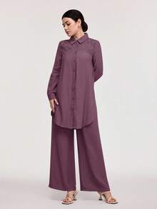 Veilorie 女式纯色简约长袖上衣和长裤两件套，日常穿着 - 粉色 - 查看 3