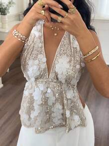 SHEIN Frenchy Áo hở lưng gợi cảm đính sequin dành cho nữ, thích hợp cho kỳ nghỉ nhiệt đới, lễ hội, bãi biển, phong cách boho, dễ thương, công sở, đi làm, màu mơ thanh lịch, đi chơi. - Màu be - Xem 8