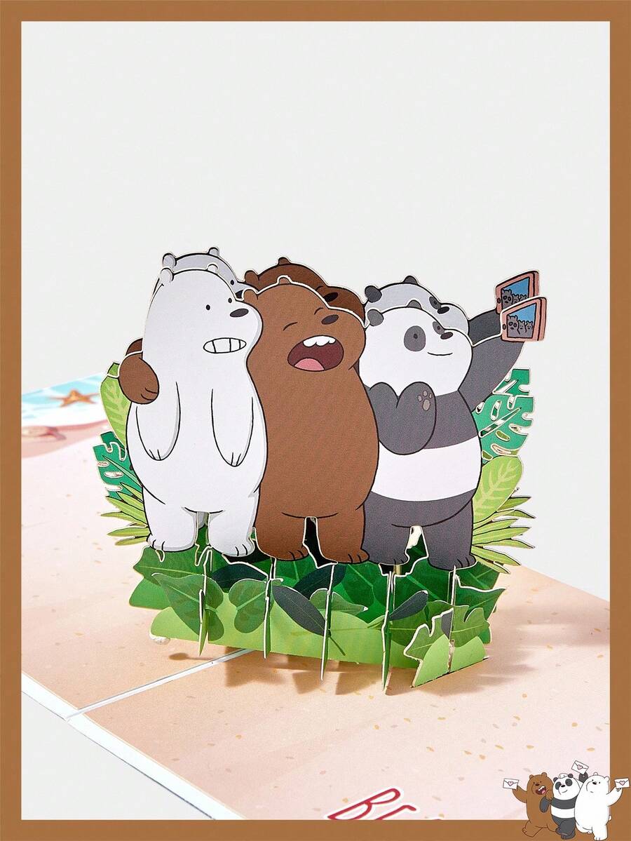 We Bare Bears X SHEIN Tarjeta de felicitación 3D de 180 grados con lindo patrón de oso de verano e isla - Multicolor - Ver 1