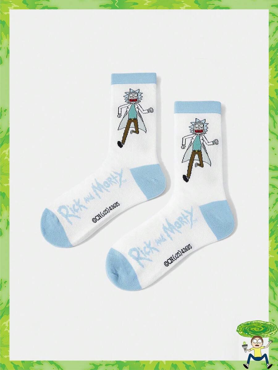 Rick and Morty X SHEIN 1 par de calcetines de media pantorrilla para mujer con diseño de personaje de dibujos animados y letras en colores contrastantes - Blanco - Ver 1